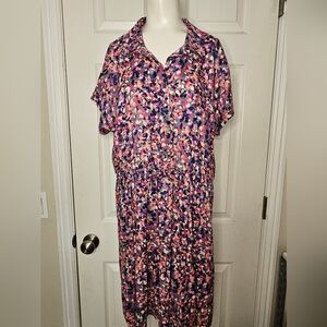 Beach Lunch Lounge Women's Short Sleeved Elastic Waist Floral Dress Size Large